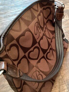 Brighton Signature Heart Print Purse, Shoulder Bag Large, Brown Nylon Leather